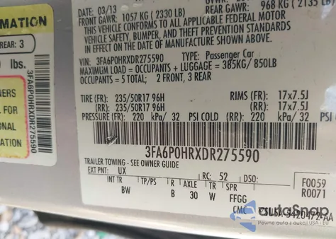 2013 Ford Fusion Se из США, поврежденный, VIN 3FA6P0HRXDR275590